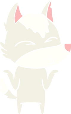 Düz renkli çizgi film kurt bir insan tarafından çizilmiş omuz silkiyor.