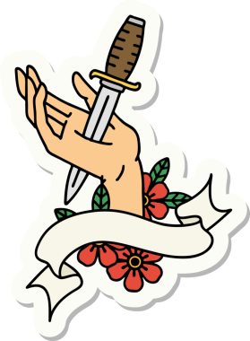 Bir insan tarafından çizilmiş eline hançer işareti olan dövme stili çıkartması.