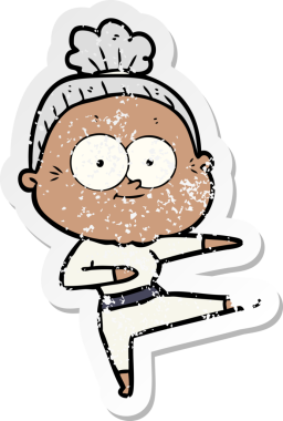 Bir insan tarafından çizilmiş mutlu, yaşlı bir kadının sıkıntılı çıkartması.