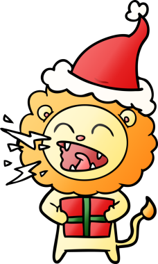 Bir insan tarafından çizilmiş Noel Baba şapkasıyla kükreyen bir aslanın el çizimi karikatürü.