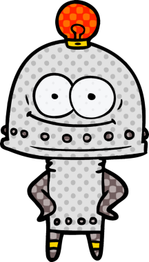 Bir insan tarafından çizilmiş ampullü mutlu karton robot.