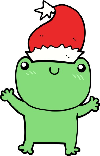 Bir insan tarafından çizilmiş Noel şapkası takan sevimli bir kurbağa.