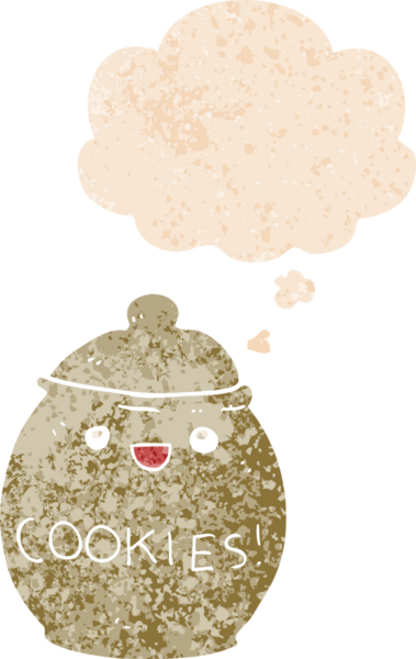 Hoş çizgi film kurabiye kavanozu. Düşünce baloncuğu ve grunge dertli retro desenli bir insan tarafından çizilmiş.