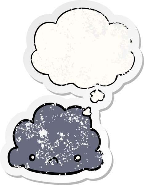 Düşünce baloncuklu karikatür bulutu bir insan tarafından çizilmiş yıpranmış bir çıkartma gibi.