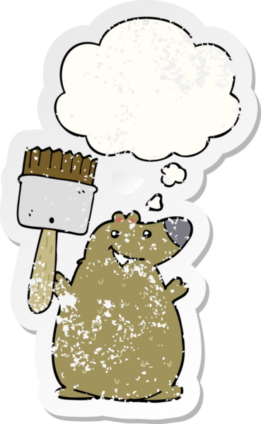 Düşünce balonlu boya fırçası olan çizgi film ayısı insan tarafından çizilmiş yıpranmış bir çıkartma gibi.