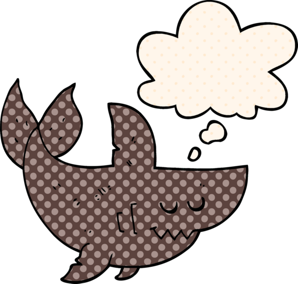 Çizgi roman tarzında bir insan tarafından çizilmiş düşünce baloncuğu olan çizgi film köpekbalığı.