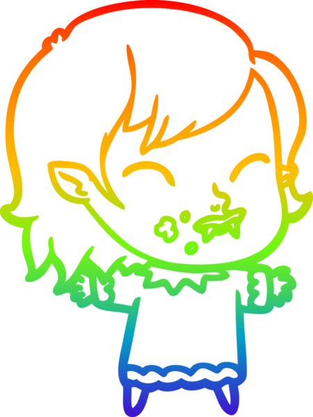 Gökkuşağı gradyan çizgisi. Bir insan tarafından çizilmiş yanağında kan olan vampir bir kız çizgi filmi.