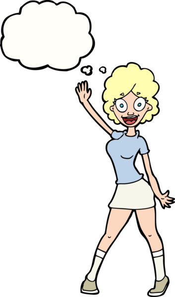 Bir insan tarafından çizilmiş düşünce baloncuğuyla dans eden çizgi film kadını.