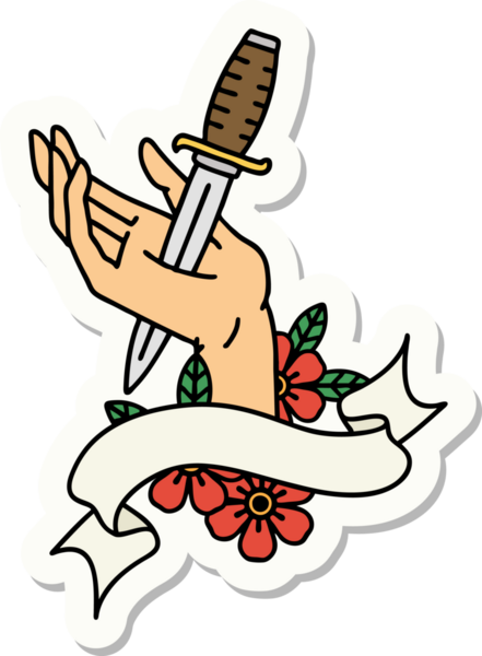 Bir insan tarafından çizilmiş eline hançer işareti olan dövme stili çıkartması.