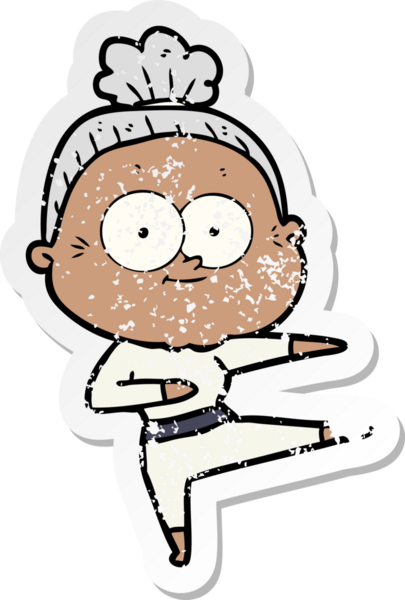 Bir insan tarafından çizilmiş mutlu, yaşlı bir kadının sıkıntılı çıkartması.