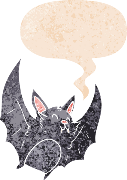 Cadılar Bayramı yarasası çizgi filmi. Grunge 'da konuşma baloncuğu var. Bir insan tarafından çizilmiş desenli.