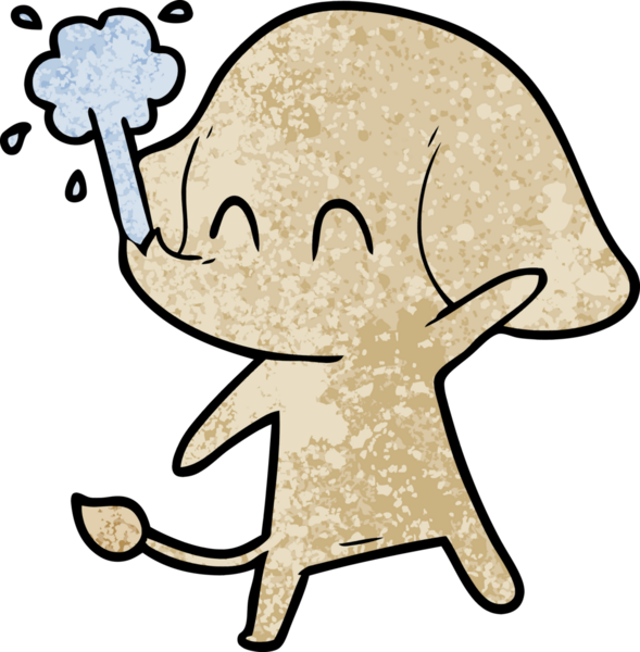 Bir insan tarafından çizilmiş su püskürten sevimli bir fil.