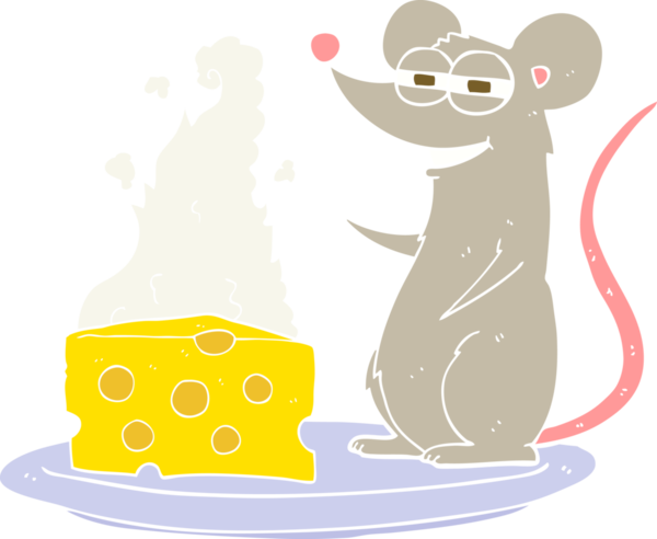 Bir insan tarafından çizilmiş peynirli bir farenin düz renk çizimi