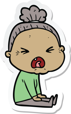 Bir insan tarafından çizilmiş kızgın yaşlı bir kadının çıkartması.