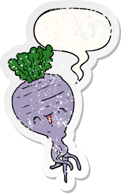 Konuşma baloncuklu karikatür şalgamı bir insan tarafından çizilmiş sıkıntılı eski bir çıkartma