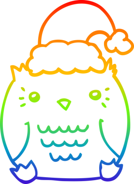 Gökkuşağı gradyan çizgisi. Bir insan tarafından çizilmiş Noel şapkası takan sevimli bir baykuş çizimi.