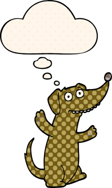 Çizgi roman tarzında bir insan tarafından çizilmiş düşünce balonu olan çizgi film köpeği.