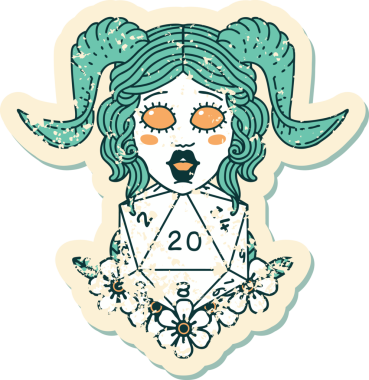 Bir insan tarafından çizilmiş doğal yirmilik zarla süslenmiş grunge çıkartması.