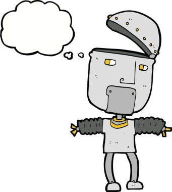 Bir insan tarafından çizilmiş düşünce balonlu açık kafalı komik çizgi film robotu.