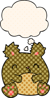 Çizgi roman tarzında bir insan tarafından çizilmiş düşünce kabarcığı olan çizgi film ayısı.