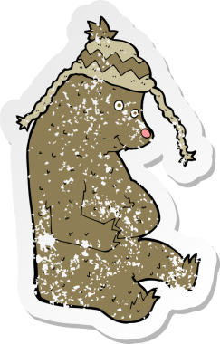 Bir insan tarafından çizilmiş kış şapkalı çizgi film ayısının gerilimli çıkartması.