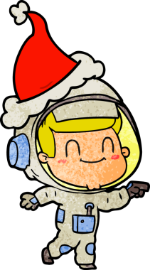 Mutlu el çizimi bir astronot çizimi Noel Baba şapkası giymiş bir insan tarafından çizilmiş.