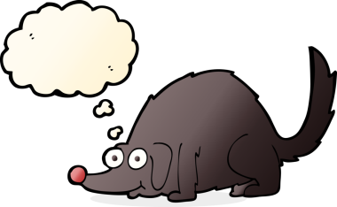 Bir insan tarafından çizilmiş düşünce balonlu mutlu bir köpek.