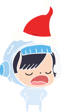 Bir astronot kadının, Noel Baba şapkasını bir insan tarafından çizildiğini açıklayan el çizimi düz renk çizimi.