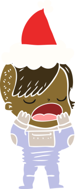 Uzay elbisesi içinde Noel Baba şapkası takan havalı bir hippi kızın düz renkli çizimi.