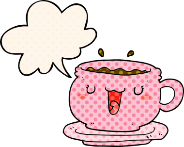 Bir insan tarafından çizilmiş, çizgi roman tarzında konuşma baloncuğu olan tatlı bir çizgi film bardağı ve çay tabağı.