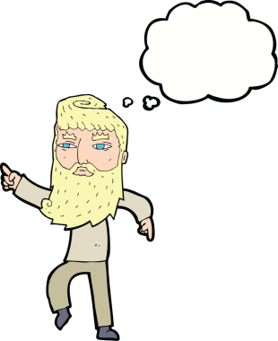 Çizgi film sakallı adam bir insan tarafından çizilmiş düşünce balonuyla yolu gösteriyor.