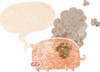 çizgi film kokulu domuz ve grunge 'da konuşma baloncuğu bir insan tarafından çizilmiş sıkıntılı retro stil