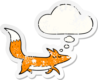 Düşünce baloncuğu olan karikatür kurdu, bir insan tarafından çizilmiş yıpranmış bir çıkartma.