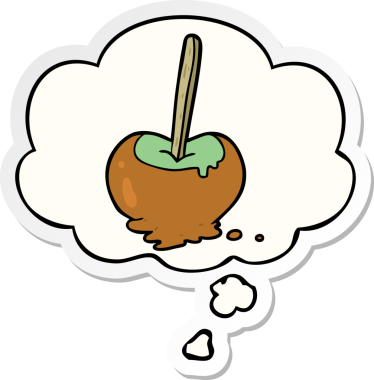 Düşünce baloncuklu karikatür elma bir insan tarafından çizilmiş çıkartma.
