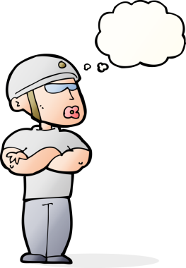 Bir insan tarafından çizilmiş düşünce kabarcığı olan çizgi film güvenlik görevlisi.