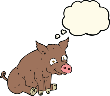 Bir insan tarafından çizilmiş düşünce baloncuklu mutlu domuz.