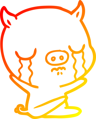 Bir insan tarafından çizilmiş, oturup ağlayan bir domuzun çizgi çizimi.