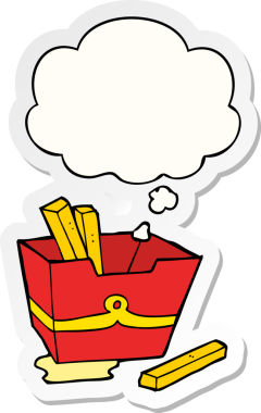 İnsan tarafından çizilmiş bir çıkartma olarak düşünce baloncuklu patates kızartması kutusu.