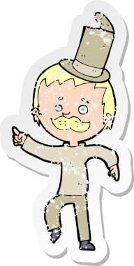 Bir insan tarafından çizilmiş, kırık eski şapkalı bir çizgi film karakterinin gerilimli çıkartması.