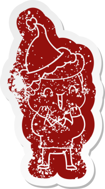 Bir insan tarafından çizilmiş Noel Baba şapkası takan, gülen bir çocuğun garip karikatürü.