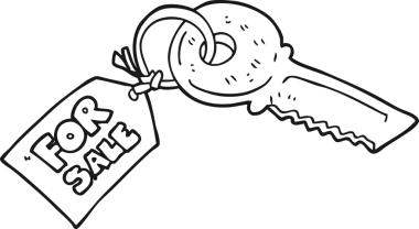 Satış etiketi olarak bir insan tarafından çizilmiş siyah beyaz karikatür ev anahtarı