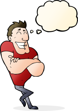 Bir insan tarafından çizilmiş düşünce balonlu kaslı adam.