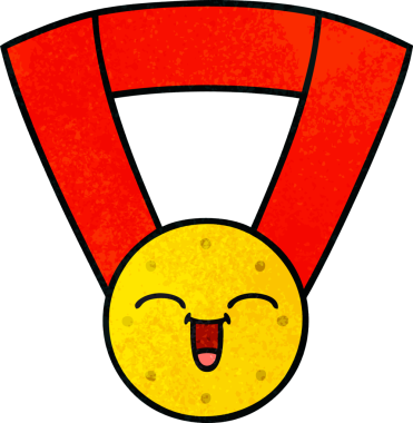 Bir insan tarafından çizilmiş altın madalyanın retro grunge desenli karikatürü