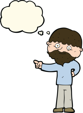 Karikatür sakallı adam bir insan tarafından çizilmiş düşünce balonuyla işaret ediyor.