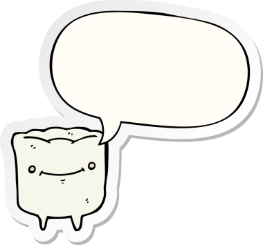 Bir insan tarafından çizilmiş konuşma balonu çıkartmalı mutlu diş çizgi filmi.