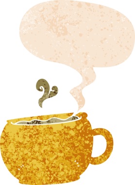 Bir insan tarafından çizilmiş grunge dertli retro desenli konuşma balonlu çizgi film kahve fincanı.