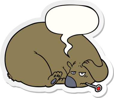 Bir insan tarafından çizilmiş balon çıkartmalı, kafası ağrıyan bir çizgi film ayısı.