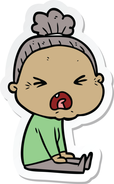 Bir insan tarafından çizilmiş kızgın yaşlı bir kadının çıkartması.