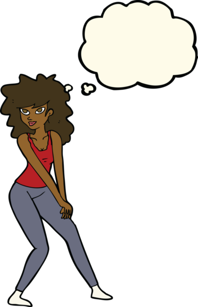 Bir insan tarafından çizilmiş düşünce balonuyla poz veren karikatür kadın.