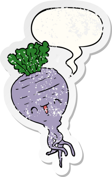 Konuşma baloncuklu karikatür şalgamı bir insan tarafından çizilmiş sıkıntılı eski bir çıkartma